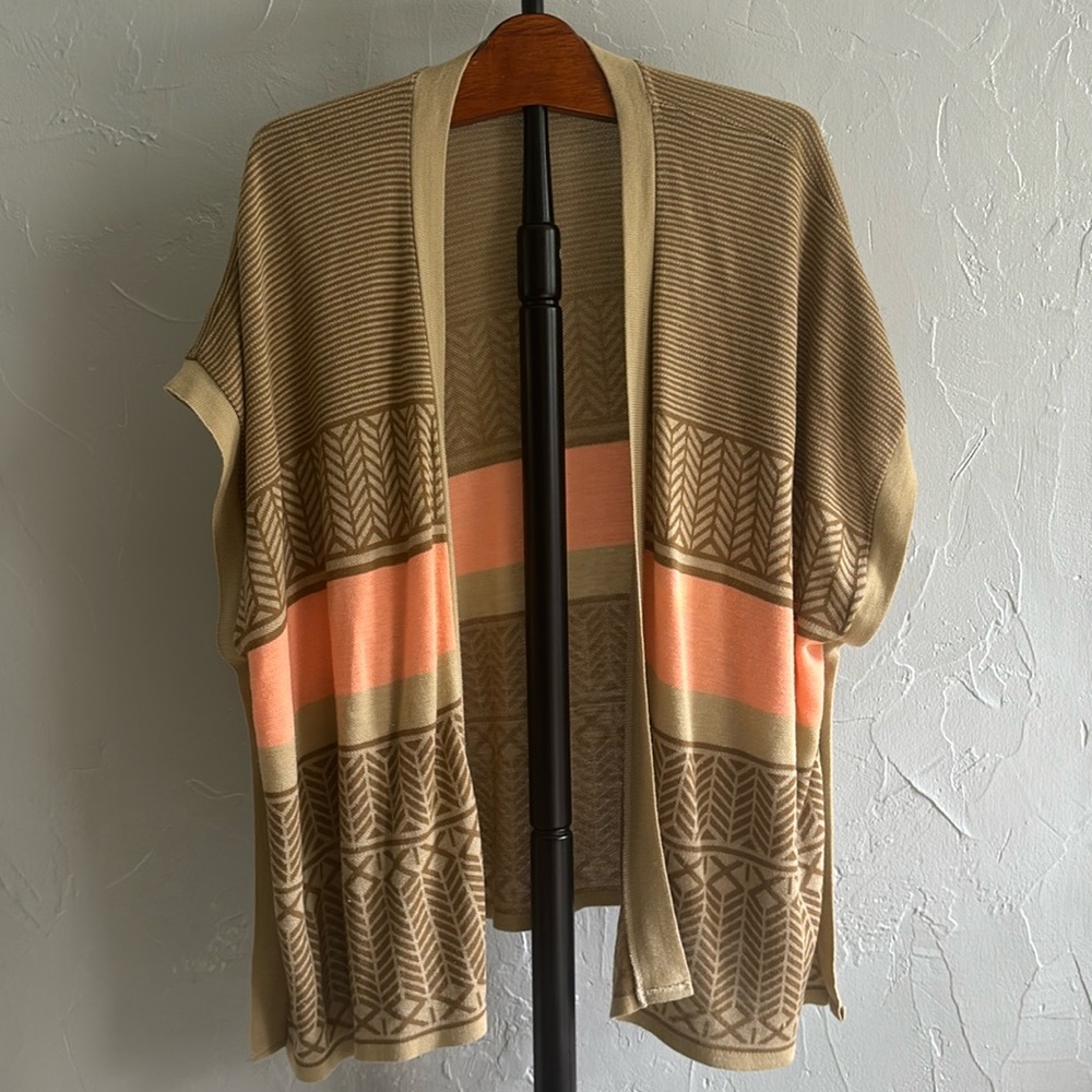 Beige Sand Tan and Light Pink Peach Chevron Striped Sweater Kimono Shawl OS